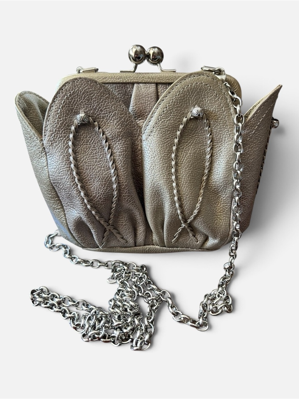 Brighton Rosalie Vintage Metallic Silver Leather Tulip Petal Kiss Lock Bag